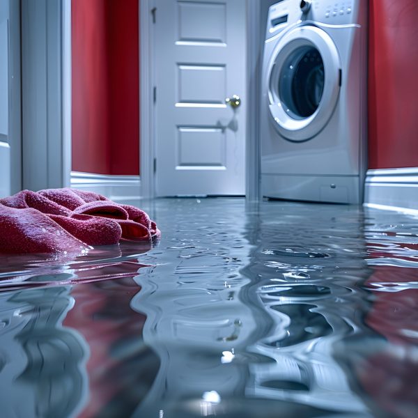 A dramatic scene in a laundry room with water covering the floor, leading to potential damage. a red towel floats amidst the flood, contrasting with the bright red walls and white appliances, showcasing an urgent need for cleanup. Generative AI