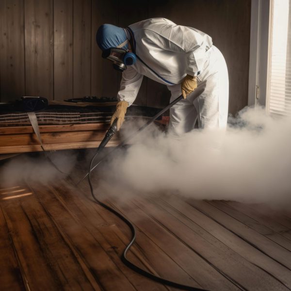 Insect pest control worker disinfecting room. Man in uniform spraying with chemical disinfectant. Generate ai